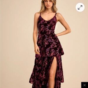 Lulu's Plum Floral Velvet Tiered Maxi Dress